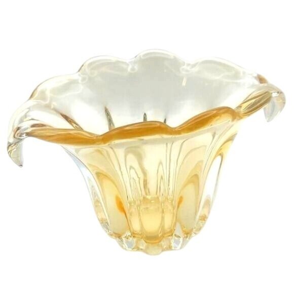 Vintage Handblown Amber Yellow Ribbed Glass Fan Vase Mid-Century Modern - Picture 1 of 6